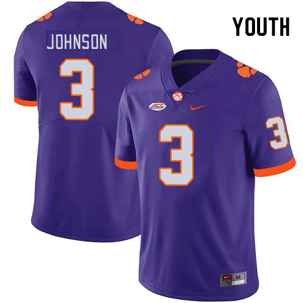 Youth #3 Noble Johnson Clemson Tigers College Football Jerseys Stitched-Purple